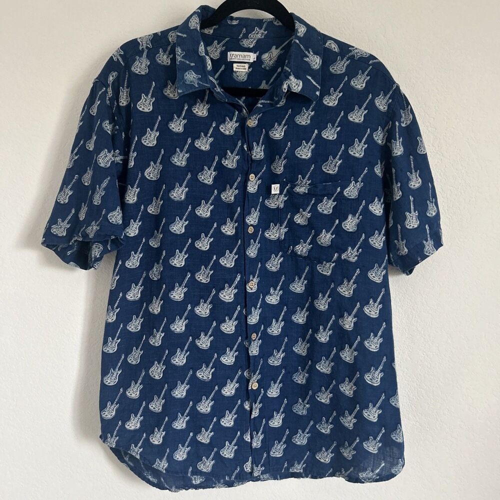 Varnam Craft Collective Hawaiian Shirt Indigo Guitar Novelty Button Front Top L